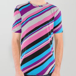 [ Thumbnail: Eyecatching Deep Sky Blue, Purple, Light Grey, Hot Pink, and Black Colored Lined Pattern All Over Graphic Tee ]