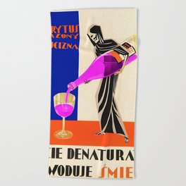Vintage 1930 Drinking Absinthe Causes Death Alcoholic Beverage Advertising Poster /  Posters Beach Towel | Diningroom, Absinthe, Death, Vintage, Grimreaper, Grainalcohol, Kitchen, Aperitif, Advertisement, Liquor 