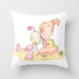 Baby girl and her bunny Throw Pillow