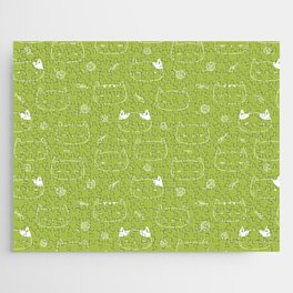 Light Green and White Doodle Kitten Faces Pattern Jigsaw Puzzle
