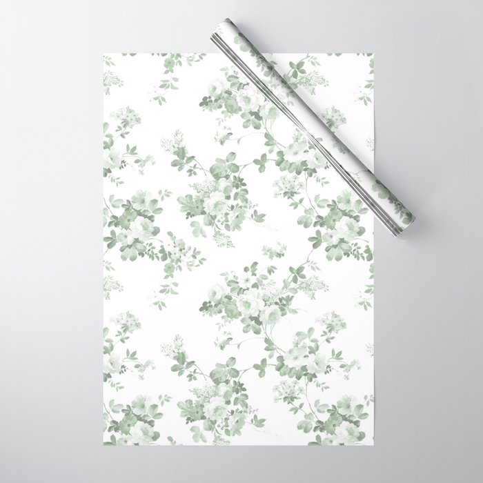 Elegant vintage green white roses shabby floral Wrapping Paper