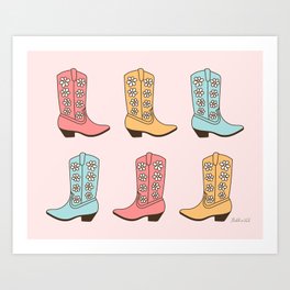 Cowgirl Boots and Daisies, Blush Pink, Mint, Cute Pastel Cowboy Pattern Art Print