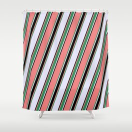 [ Thumbnail: Light Coral, Sea Green, Lavender & Black Colored Lined Pattern Shower Curtain ]