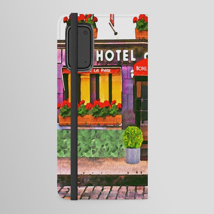Paris Hotel De La Paix colorful street scene watercolor portrait painting with flower boxes Android Wallet Case