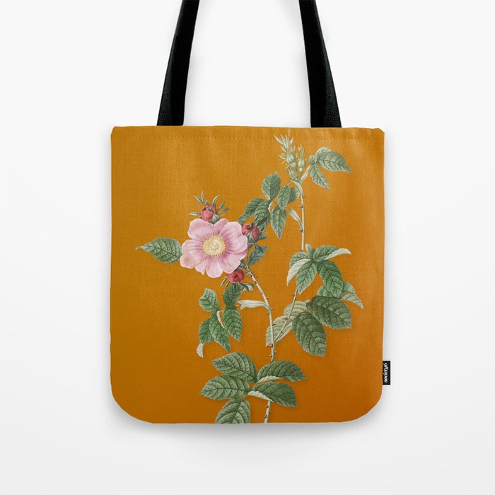 Vintage Big Flowered Dog Rose Botanical Illustration on Bright Orange Tote Bag