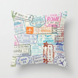 Vintage World Map with Passport Stamps Throw Pillow