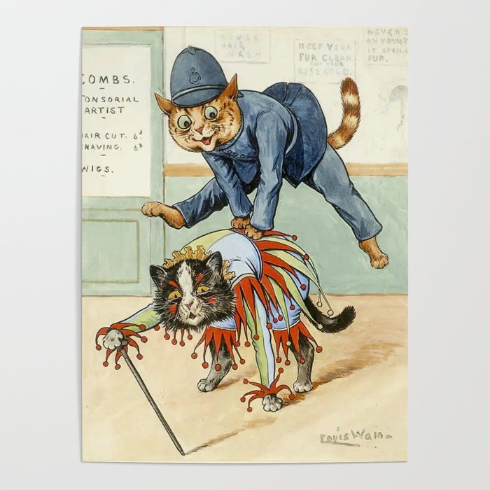 Leap-frog | Louis Wain Wain-Cat retro style |  funny Cat Poster