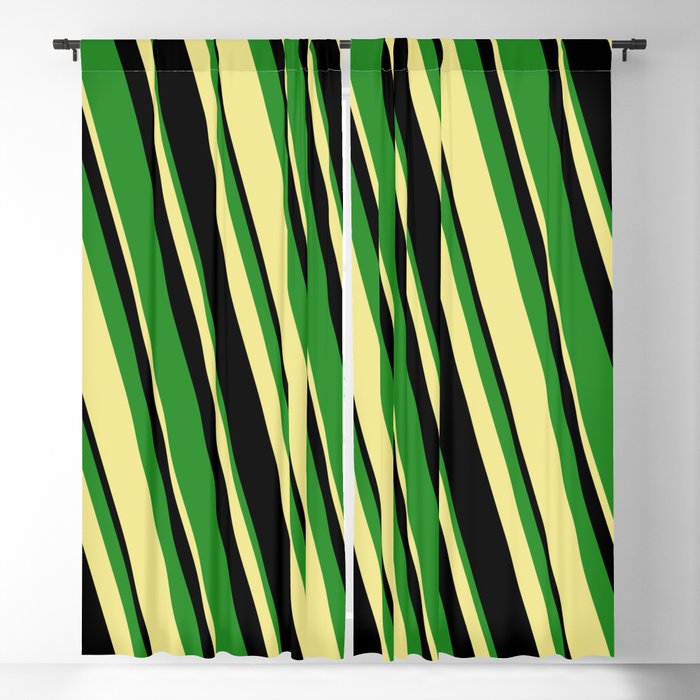 Black, Forest Green, and Tan Colored Stripes Pattern Blackout Curtain