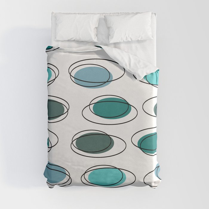 Mid Century Modern Ovals Scribbles Turquoise Duvet Cover
