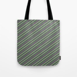 [ Thumbnail: Dim Gray, Beige & Dark Green Colored Pattern of Stripes Tote Bag ]