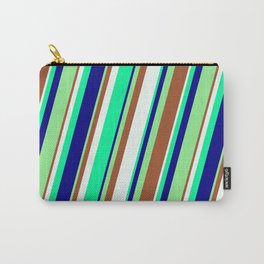 [ Thumbnail: Eye-catching Light Green, Sienna, Mint Cream, Green, and Blue Colored Stripes/Lines Pattern Carry-All Pouch ]