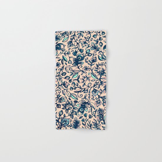 Teal Garden - floral doodle pattern in cream & navy blue Hand & Bath Towel
