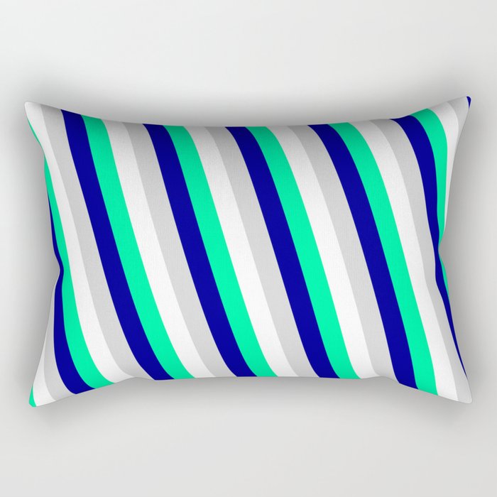 White, Green, Dark Blue & Light Grey Colored Lines Pattern Rectangular Pillow