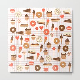 Cute Sweets, Pies, Cakes, Donuts, Eclairs and Pancakes in red and brown Metal Print