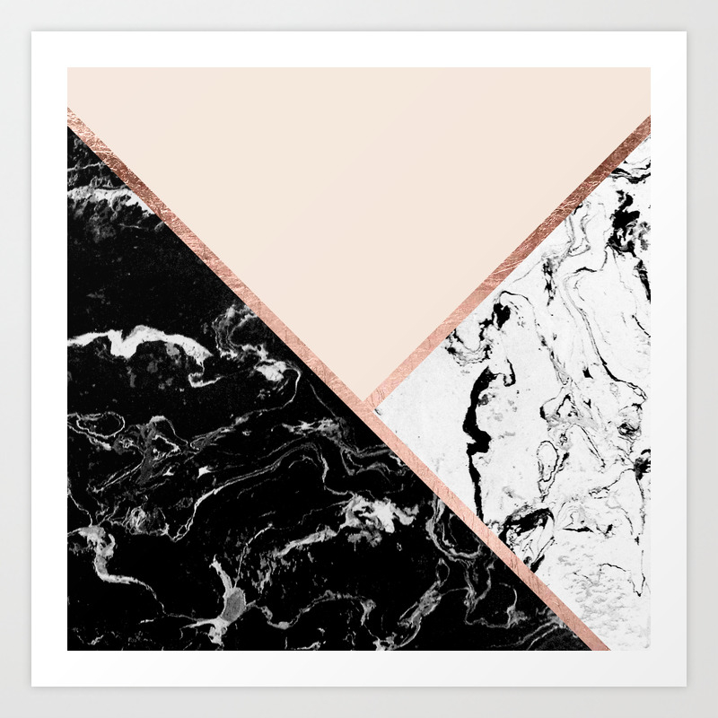 Modern Black White Marble Rose Gold Color Block Stripes Blush Pink