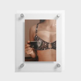 Woman, Glitter Lingerie & a Cup of Coffee Floating Acrylic Print