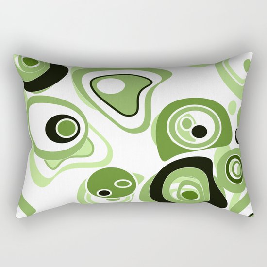 Abstract pattern . Black and green circles and rings on a white background . Rectangular Pillow