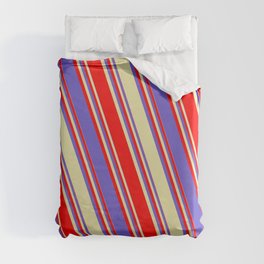 [ Thumbnail: Red, Slate Blue, and Pale Goldenrod Colored Lined/Striped Pattern Duvet Cover ]