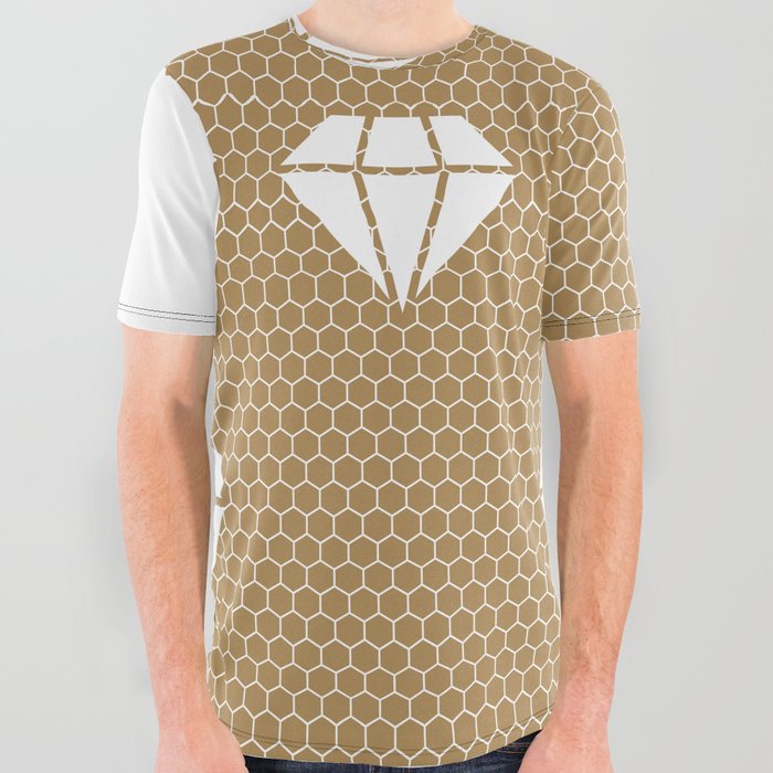 White Diamond Lace Vertical Split on Gold Brown All Over Graphic Tee