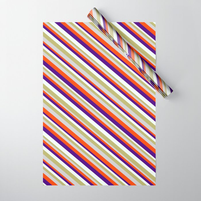 Eye-catching Dark Khaki, Light Gray, Red, Indigo, and Mint Cream Colored Striped Pattern Wrapping Paper