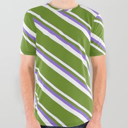 [ Thumbnail: Purple, White, and Green Colored Striped Pattern All Over Graphic Tee ]