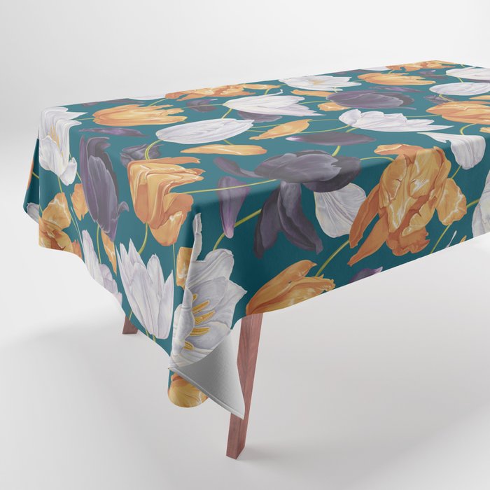 Yellow and Purple Aesthetic Tulip Floral on Dark Teal Tablecloth by