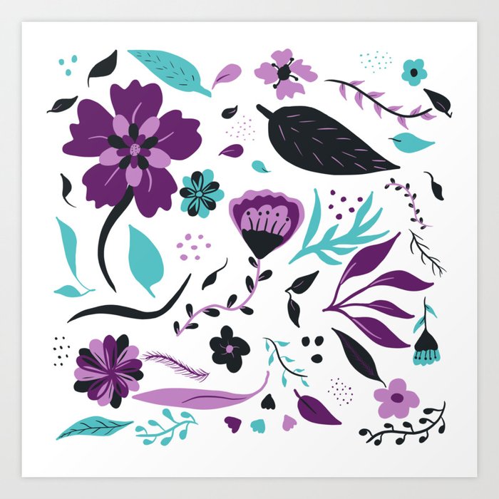 Modern Abstract Purple Turquoise Floral Pattern Leaf Illustration