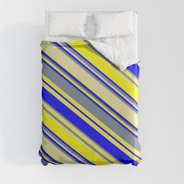 [ Thumbnail: Light Slate Gray, Pale Goldenrod, Yellow, and Blue Colored Striped Pattern Duvet Cover ]