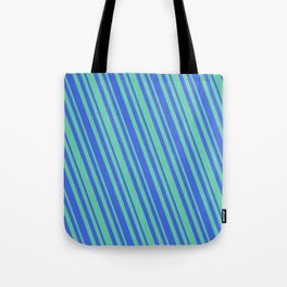 [ Thumbnail: Royal Blue and Aquamarine Colored Stripes/Lines Pattern Tote Bag ]