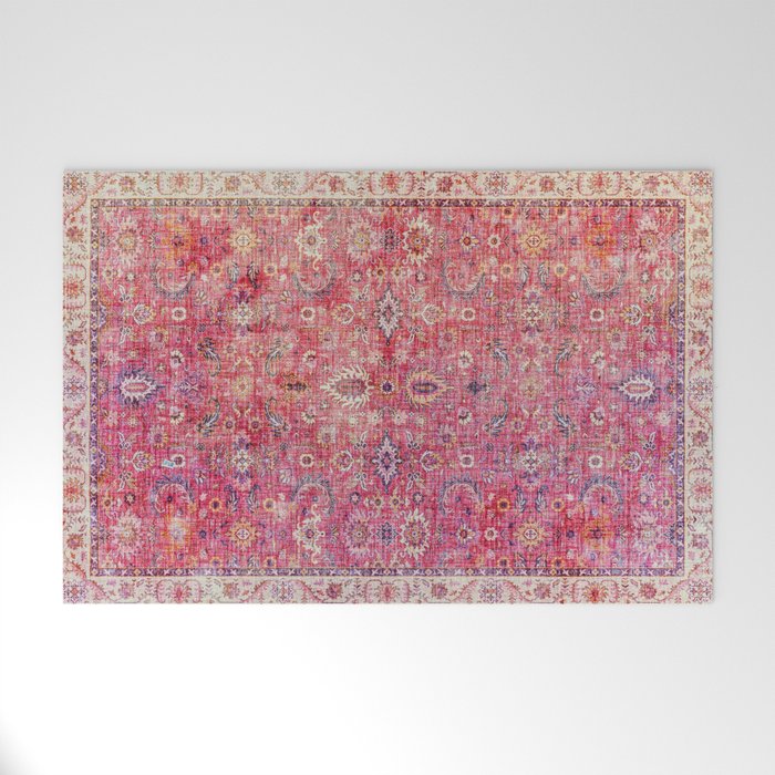 N45 - Pink Vintage Traditional Moroccan Boho & Farmhouse Style Artwork. Welcome Mat