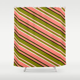 [ Thumbnail: Salmon, Black, Green, and White Colored Lines Pattern Shower Curtain ]