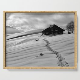 Snowcapped alpine mountain cottage - cabin winter landscape black and white photograph - photography - photographs Serving Tray