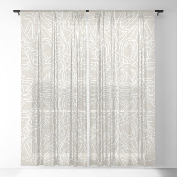 White Lace Mandala On Antique Ivory Linen Background Sheer Curtain