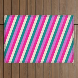[ Thumbnail: Deep Pink, Beige, Dark Cyan & Orchid Colored Lines/Stripes Pattern Outdoor Rug ]