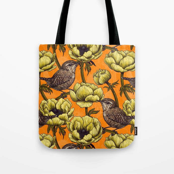 Yellow anemone flowers and wrens Tote Bag