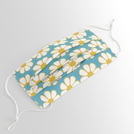 Cheerful Retro Daisy Pattern in Mustard and Bright Light Blue Face Mask