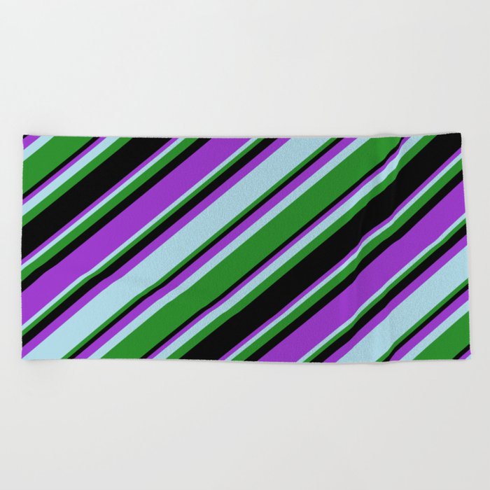 Dark Orchid, Light Blue, Forest Green, and Black Colored Stripes/Lines Pattern Beach Towel