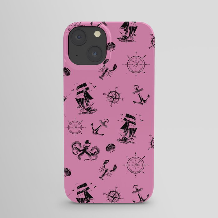 Pink And Black Silhouettes Of Vintage Nautical Pattern iPhone Case