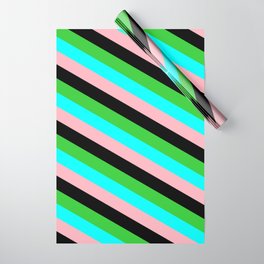 [ Thumbnail: Lime Green, Cyan, Light Pink & Black Colored Striped Pattern Wrapping Paper ]