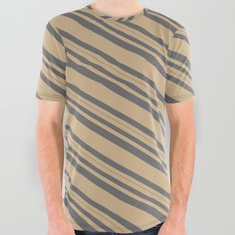 [ Thumbnail: Tan & Dim Gray Colored Lined/Striped Pattern All Over Graphic Tee ]