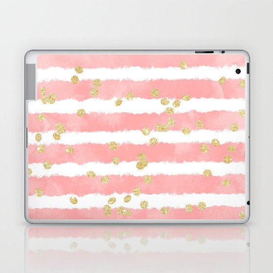 Modern blush pink watercolor stripes gold confetti pattern Laptop & iPad Skin