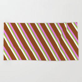 [ Thumbnail: Vibrant Green, White, Brown, Violet, and Black Colored Lines/Stripes Pattern Beach Towel ]
