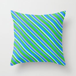 [ Thumbnail: Lime Green, Plum, Blue & Light Cyan Colored Pattern of Stripes Throw Pillow ]