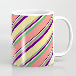[ Thumbnail: Indigo, Tan, Sea Green, and Salmon Colored Stripes Pattern Coffee Mug ]