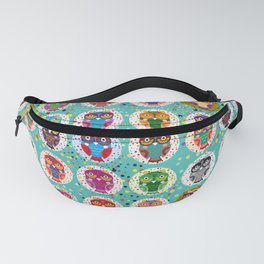 funny colored owls on a turquoise background Fanny Pack