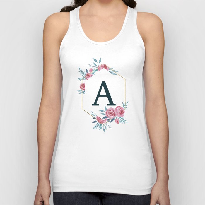 Personalized initial letter A monogram in floral frame on green Tank Top
