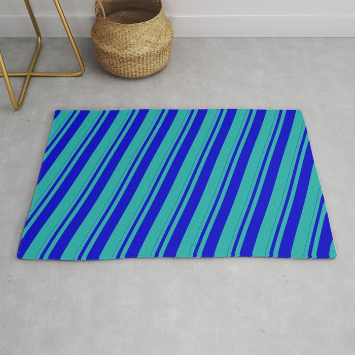 Blue and Light Sea Green Colored Striped Pattern Rug