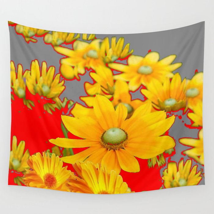 MODERN YELLOW FLOWERS GREY-RED ART Wall Tapestry
