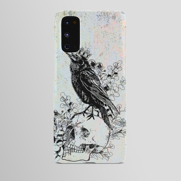 Black raven with skull and crow, skeleton eucaliptus leaves, black and white Android Case