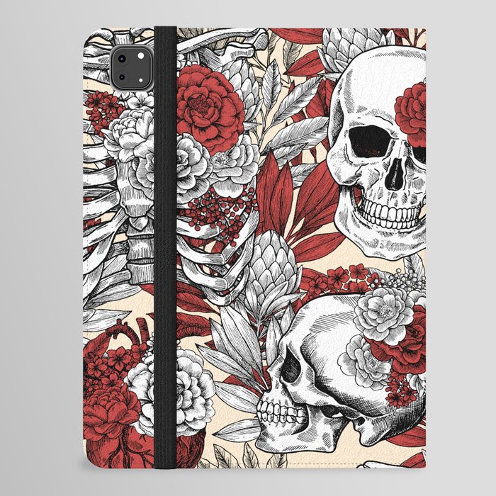 Skulls and Flowers Black Red White Beige Vintage iPad Folio Case